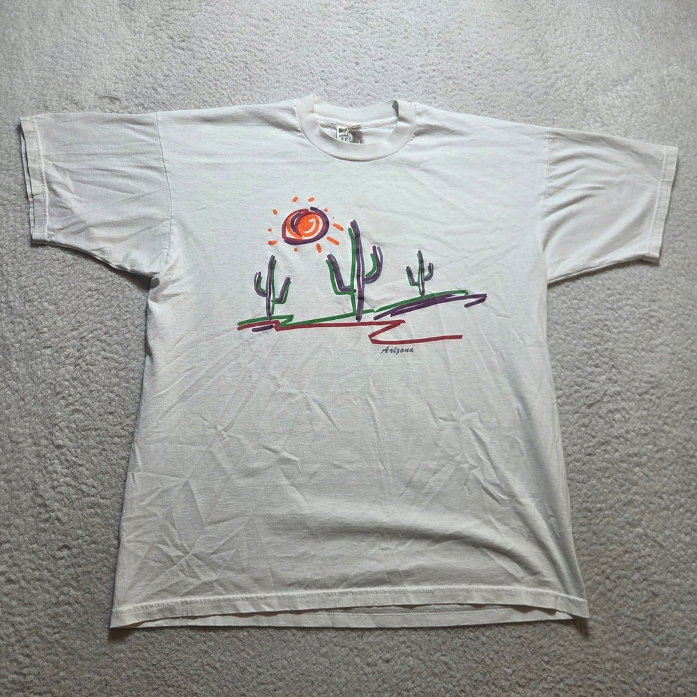 Vintage 90s Fruit of the Loom Arizona T Shirt Mens XL White Cactus Graphic Tee